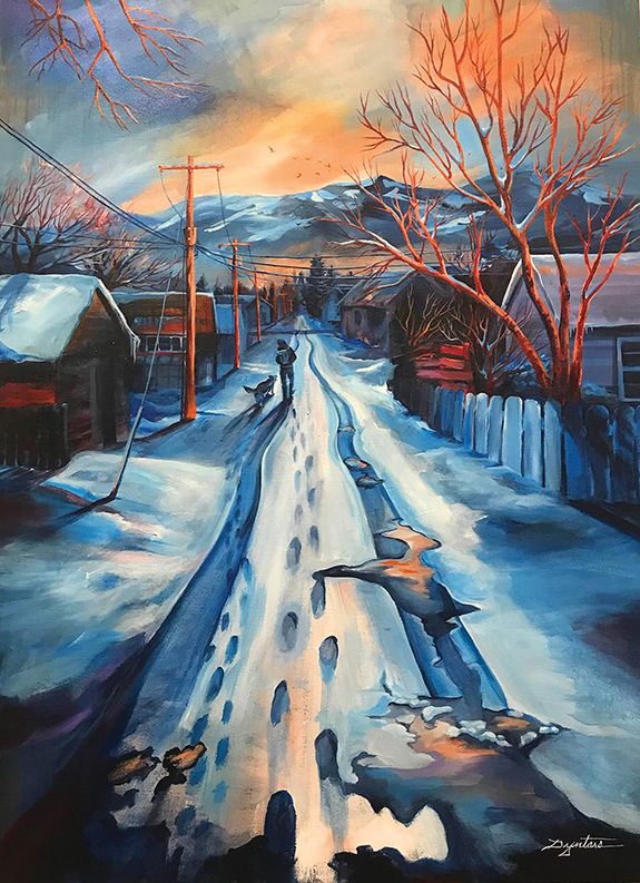 winter, town, art, painting