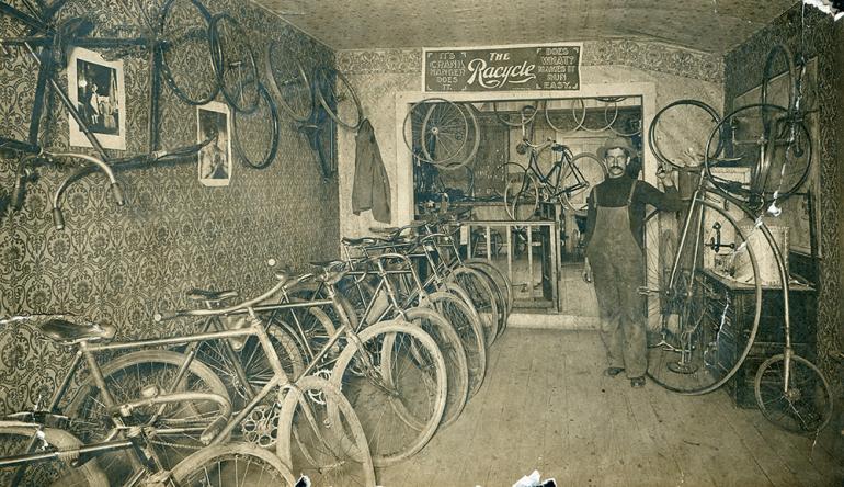 biking, historical photo, history, bike shop