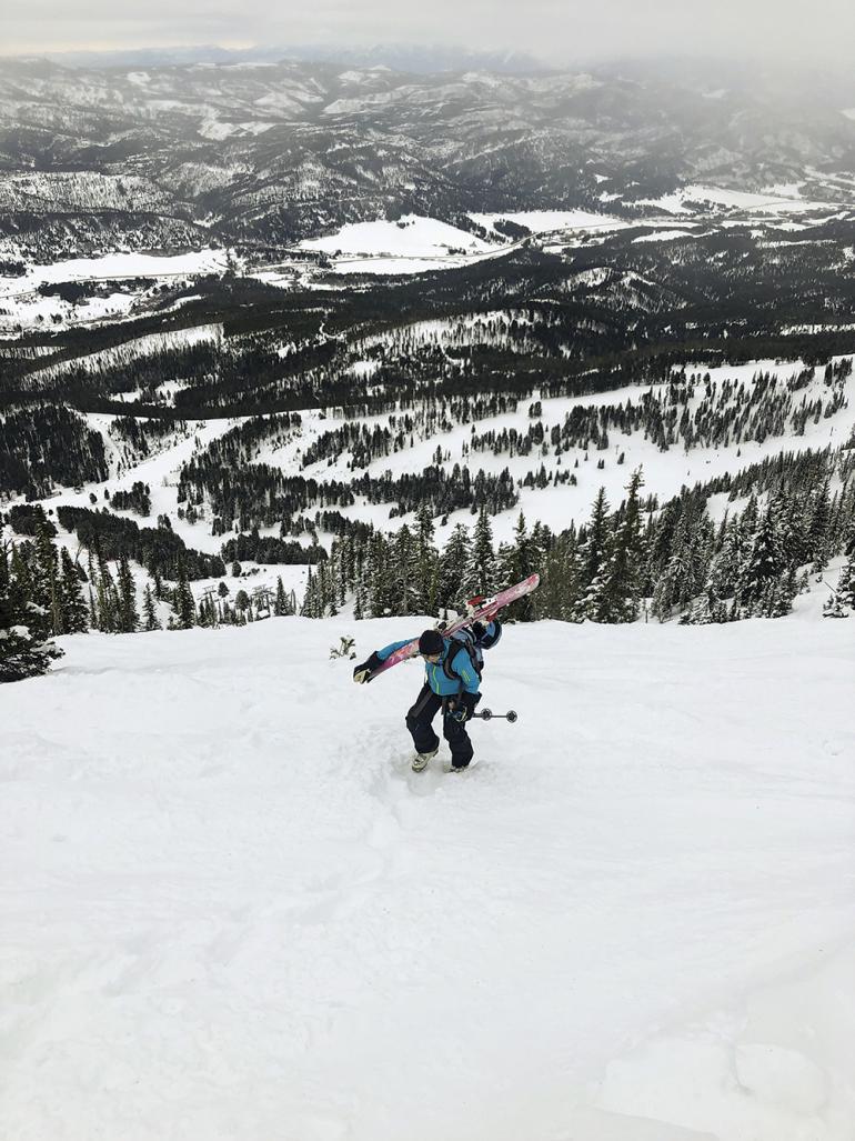 mom skiing the ridge bridger bowl