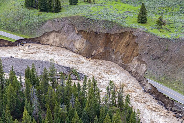 Flooded bank at entrance to Yellowstone Park