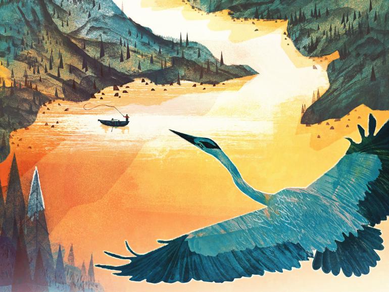 illustration of a Blue Heron flying above a mountain lake