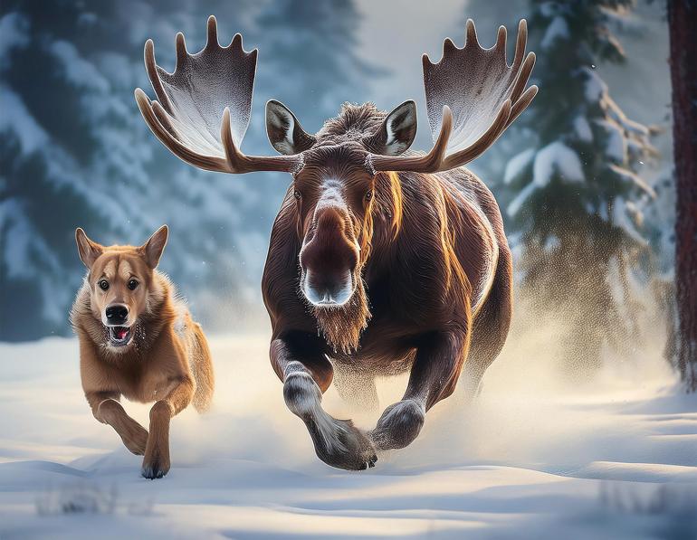 bull moose chasing dog