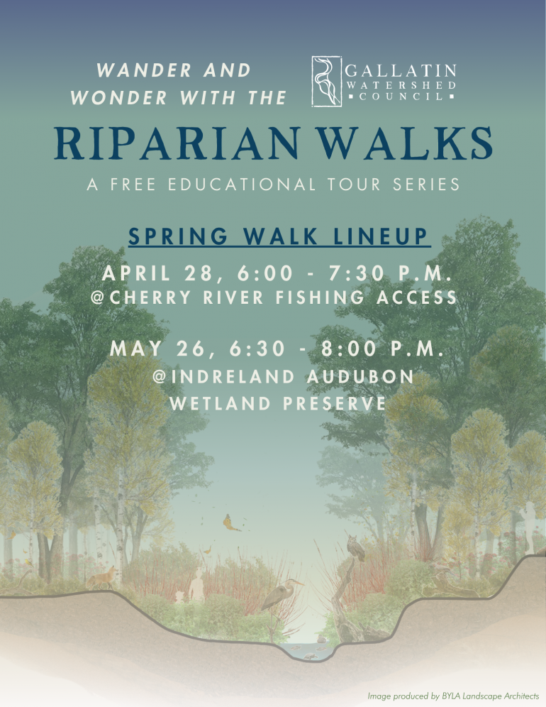 Upcoming Riparian Walks: April 28, 6 to 7:30 pm, Cherry River Fishing Acccess; May 26, 6:30 to 8 pm, Indreland Audubon Wetland Preserve