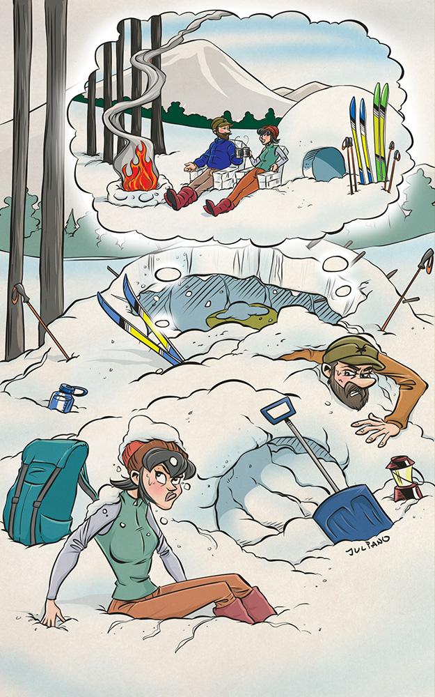 winter camping, dream vs. reality, humor