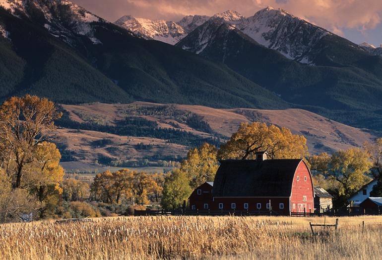 landscape, montana, fall, prairie, red barn