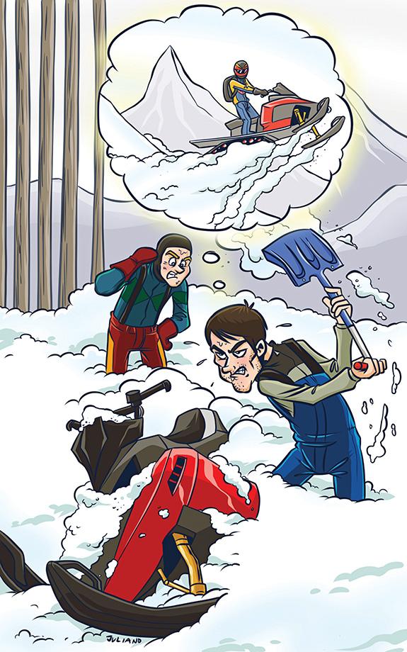 snowmobiling, illustration, shoveling, crash