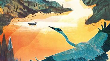 illustration of a Blue Heron flying above a mountain lake