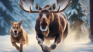 bull moose chasing dog