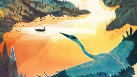 illustration of a Blue Heron flying above a mountain lake