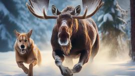 bull moose chasing dog