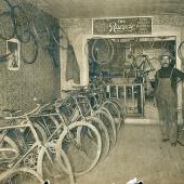 biking, historical photo, history, bike shop