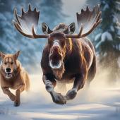 bull moose chasing dog